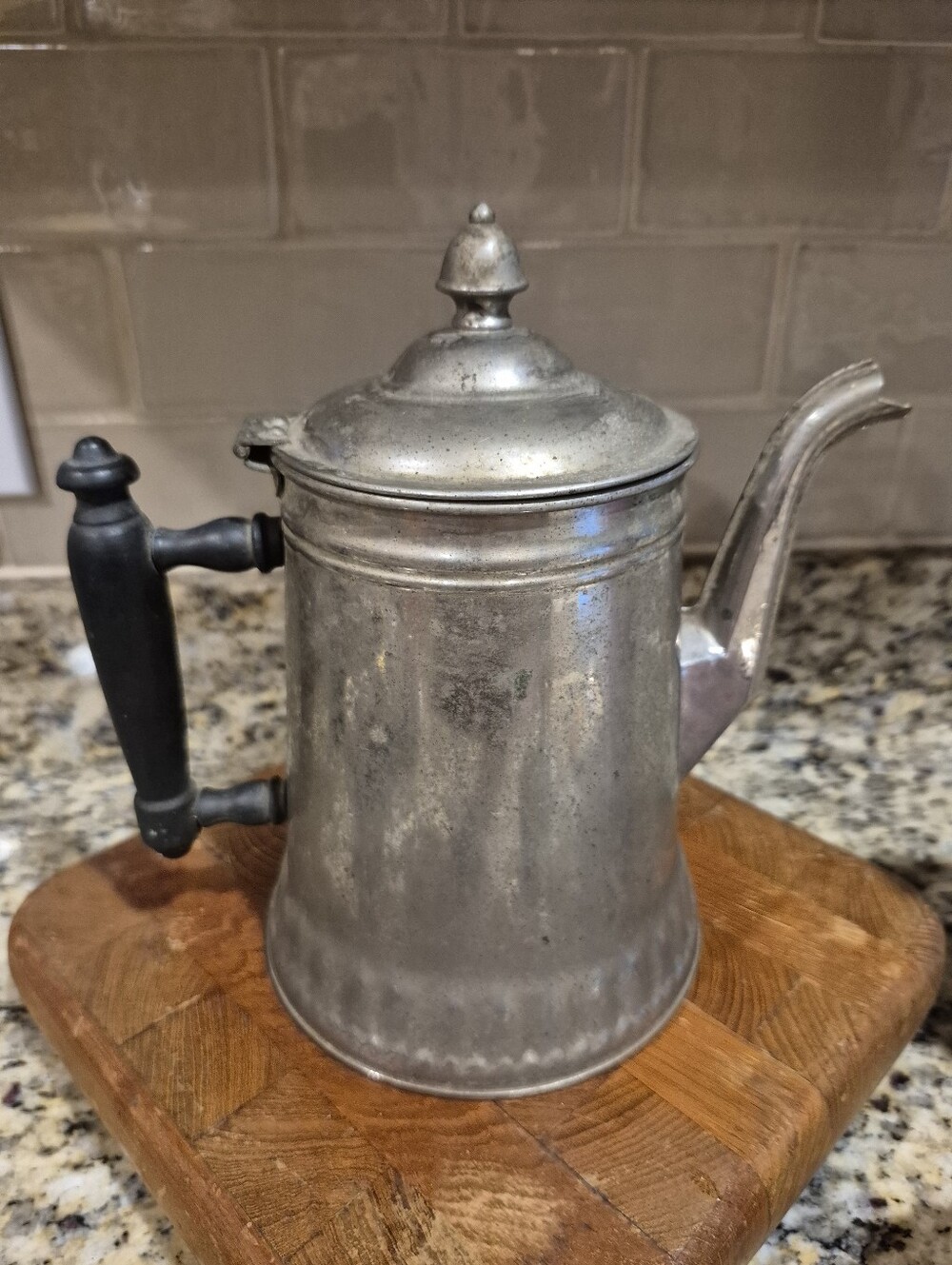 Antique Farmhouse Pewter Finished Coffee Pot with Black Handle, Rochester
